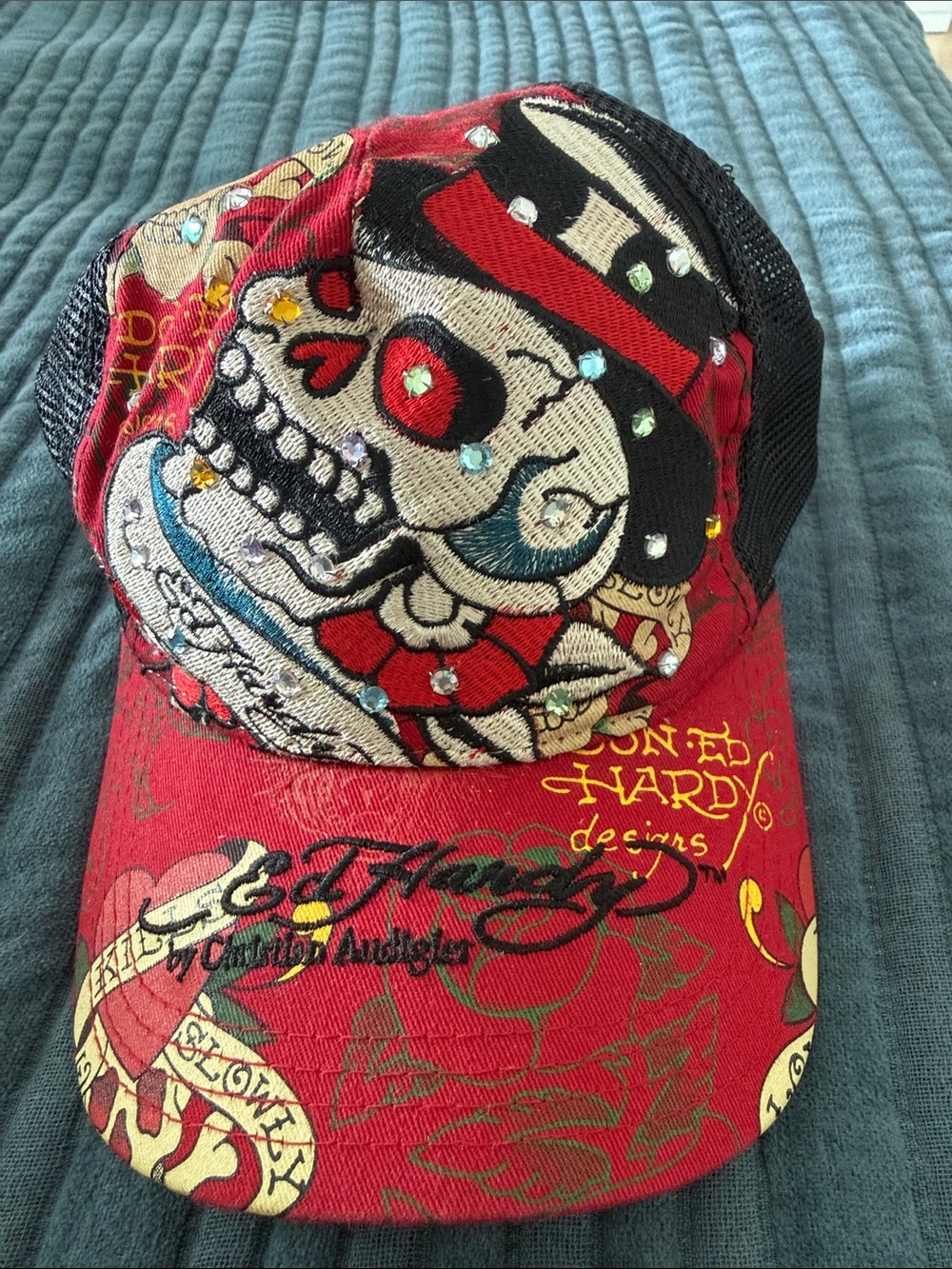 Ed Hardy Red and Black Skull Trucker Hat with Rhinestone Accents